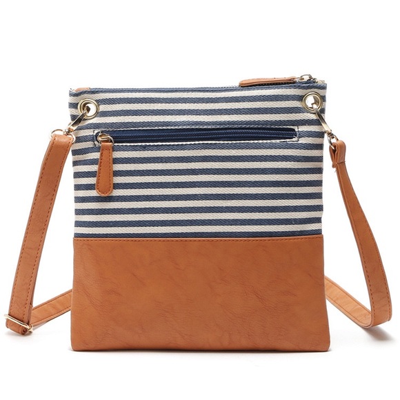 Navy Striped Cognac Faux Leather Crossbody Bag - Picture 7 of 12